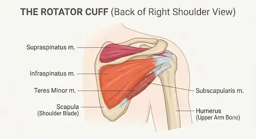 A labeled medical diagram illustrating the posterior view of the shoulder, showing the four muscles of the rotator cuff (supraspinatus, infraspinatus, teres minor, and subscapularis) and the surrounding bones.