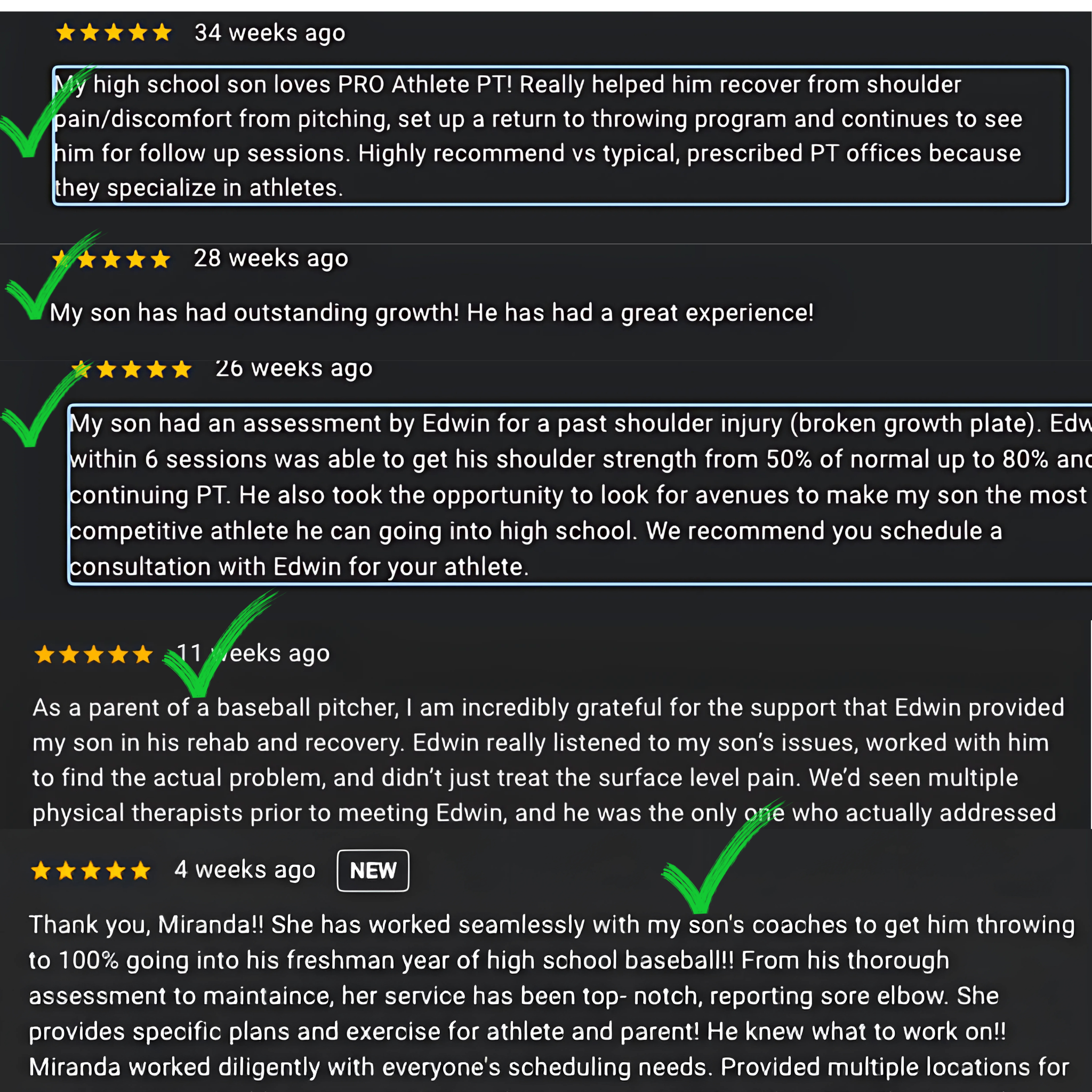 5 star google reviews from parents of athletes PRO Athlete PT customers
