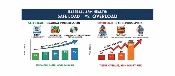 Infographic of Baseball Arm Health to prevent UCL injury in baseball players