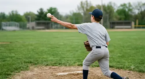 youth baseball pitcher mid-throw showing elbow and arm position youth baseball pitcher mid-throw showing elbow and arm position